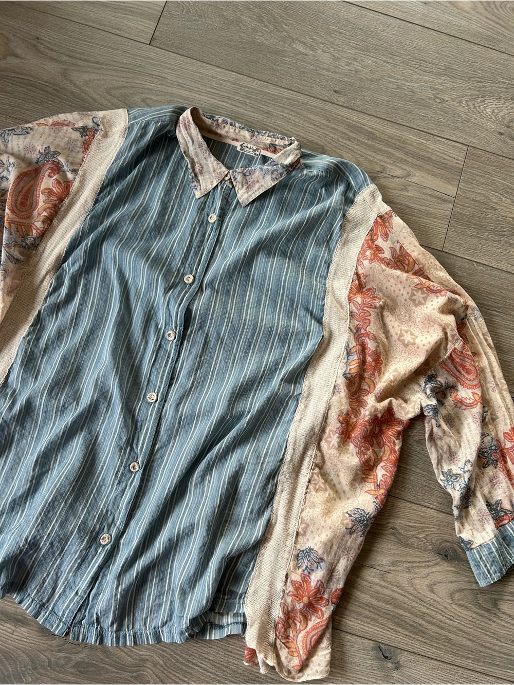 Free People Lucky In Love Mixed Media Oversized Boho Shirt Size Large - Picture 2 of 14